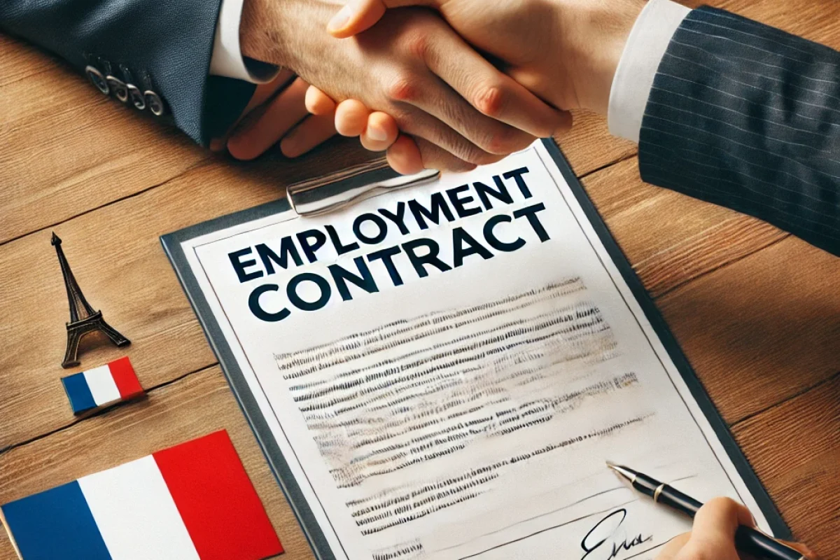 DALL·E 2024-10-17 16.41.03 - A professional image of an employment contract being signed in France. Two hands in business suits are shaking hands over a wooden desk, with a signed